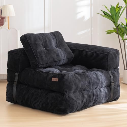 MAXYOYO Folding Sofa Bed L-Shaped Convertible Sleeper Couch with Pillow, Dark Grey X9070