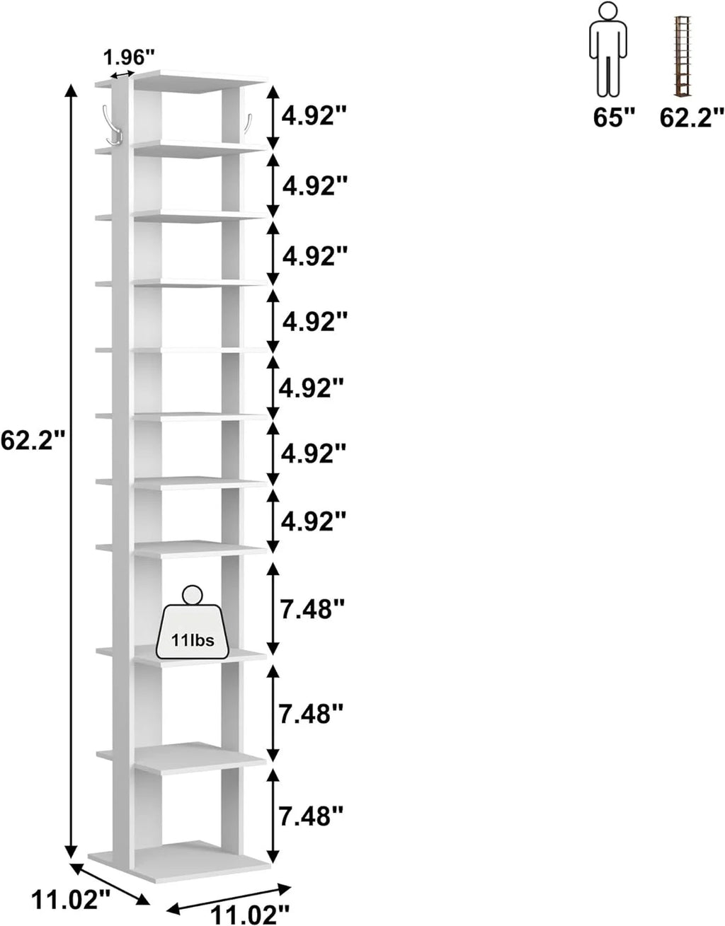 LIHONG 10-Tier Vertical Shoe Rack with Hanging Hooks, White X152770