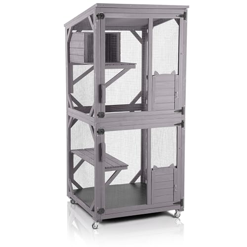 GUTINNEEN Cat House Outdoor Cage Cat Enclosure on Wheels,Large Wooden Kitty Catio with Resting Box,PVC Layer