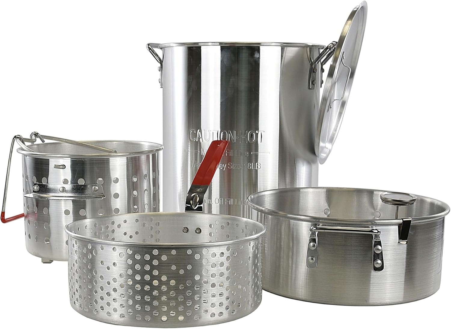 Loco Cookers 30 Quart Versatile Aluminum Circular Pots Kit for Boiling and Steaming Combo Pot with Basket Lift Hook and Lid, Silver
