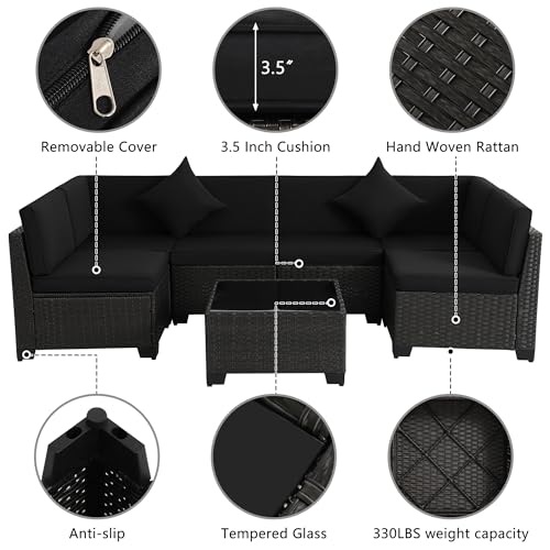 KIGOTY Patio Furniture Set 7 Pieces Outdoor Sectional Sofa with Cushions and Glass Coffee Table B60021