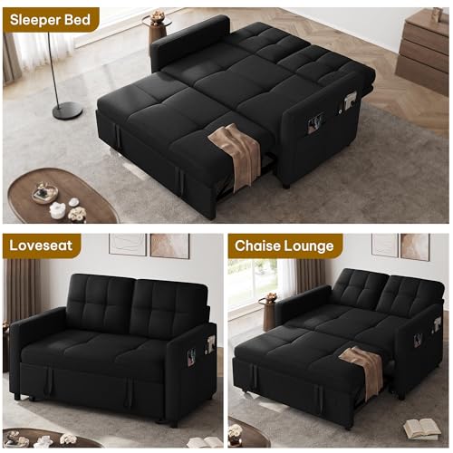 DWVO 55" Convertible Sofa Bed, 3-in-1 Sleeper Sofa with Pull-Out Bed, Linen Futon Couch W749781