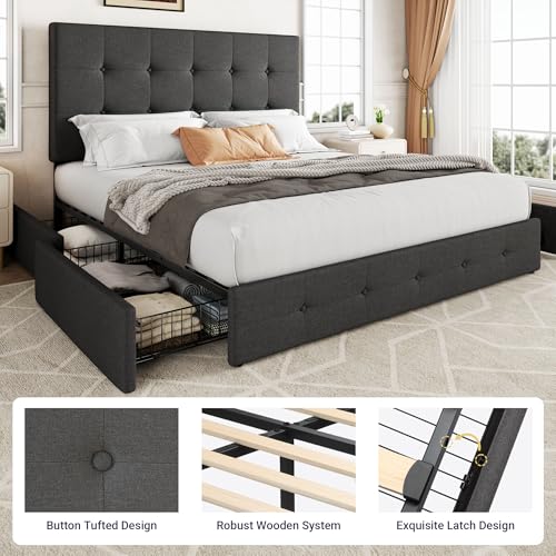 Allewie Upholstered Queen Platform Bed Frame with 4 Drawers and Headboard, Light Grey A922
