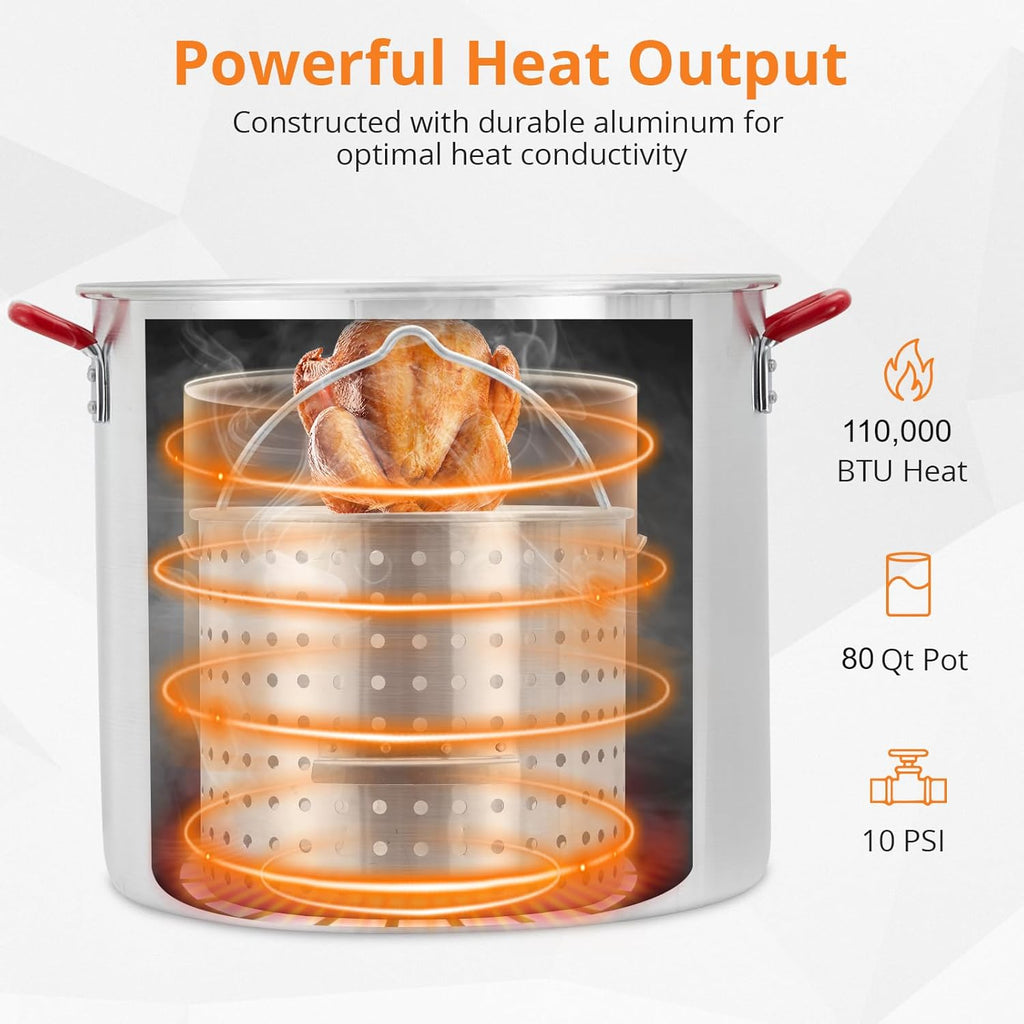 80 Qt Aluminum Seafood Boil Pot with Propane Jet Burner and Basket X99158