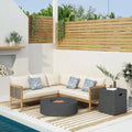 Christopher Knight Home Burchett Outdoor Acacia Wood and Round Wicker 5 Seater Sectional Sofa Chat Set with Fire Pit by Teak/Mixed Brown/Beige/Dark