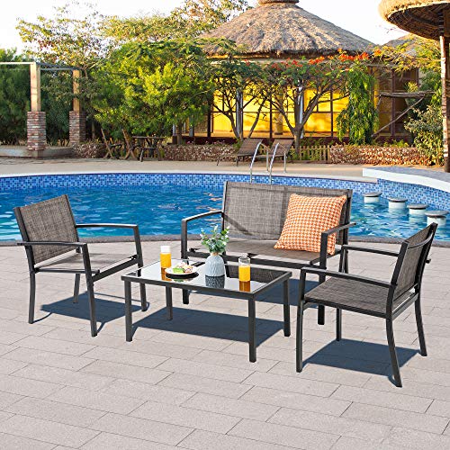 Vongrasig 4 Piece Patio Conversation Set with Glass Coffee Table, Black E428