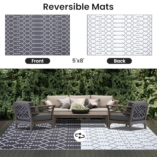 Smiry Waterproof Outdoor Rug 5x8 ft, Reversible Plastic Straw Patio Mat, Black & Beige P20186