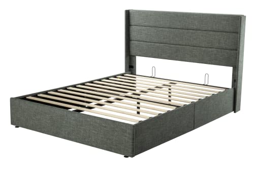 Allewie Full Size Lift Up Storage Bed with Wingback Headboard, Light Beige C85153