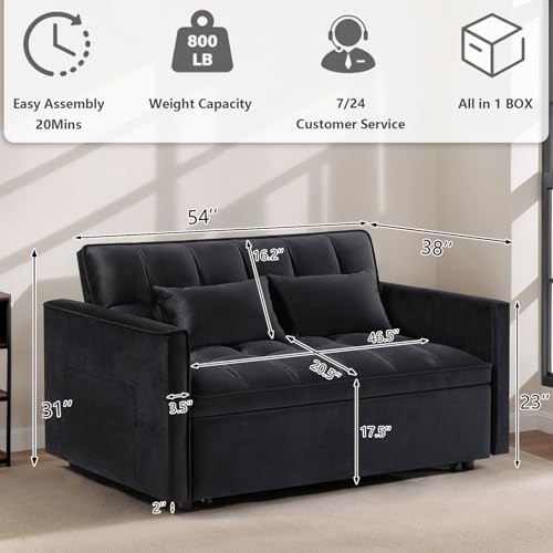 3 in 1 Convertible Sleeper Sofa Bed Futon with Adjustable Backrest, Velvet, Black Q74350