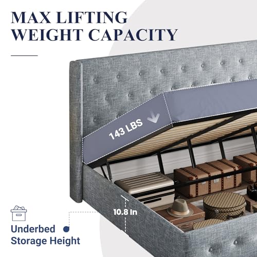 Allewie Full Size Lift Up Storage Bed with Wingback Headboard, Light Beige C85153