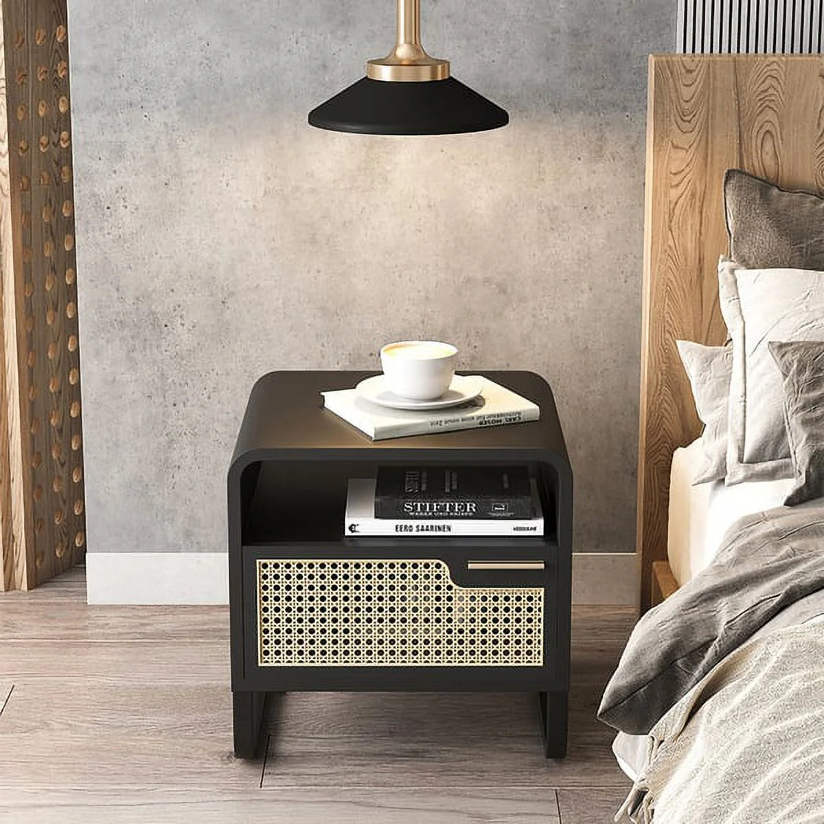 Minimalist Rattan Nightstand with Drawer, Black K345