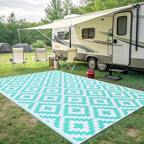 Smiry Waterproof Outdoor Rug 5x8 ft, Reversible Plastic Straw Patio Mat, Black & Beige P20186