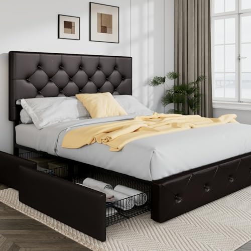 Allewie Upholstered Queen Platform Bed Frame with 4 Drawers and Headboard, Light Grey A922