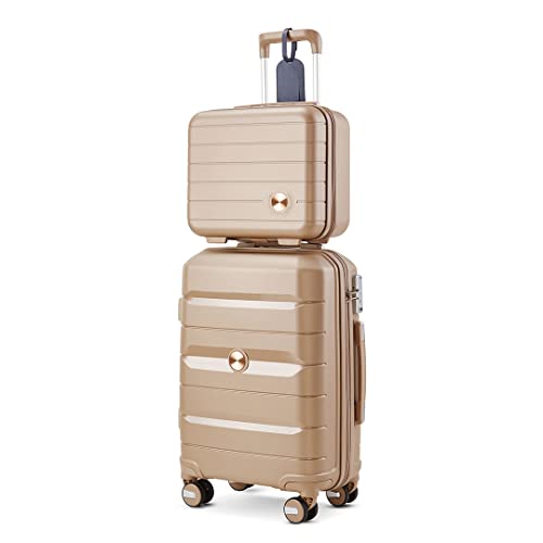 Somago 20" Carry On Luggage and 14" Mini Cosmetic Cases Travel Set Lightweight Polypropylene Suitcase with TSA Lock YKK Zipper Hardside Luggage with Spinner Wheels (2 Piece Set, Ice Blue)