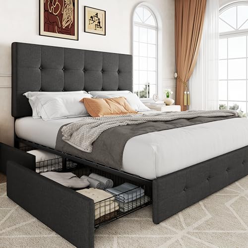 Allewie Upholstered Queen Platform Bed Frame with 4 Drawers and Headboard, Light Grey A922