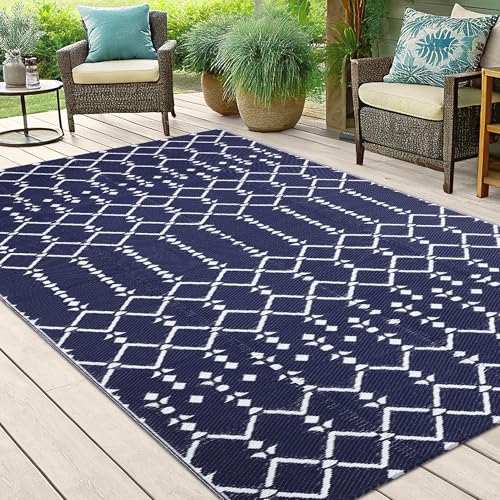 Smiry Waterproof Outdoor Rug 5x8 ft, Reversible Plastic Straw Patio Mat, Black & Beige P20186