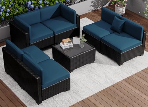 KIGOTY Patio Furniture Set 7 Pieces Outdoor Sectional Sofa with Cushions and Glass Coffee Table B60021
