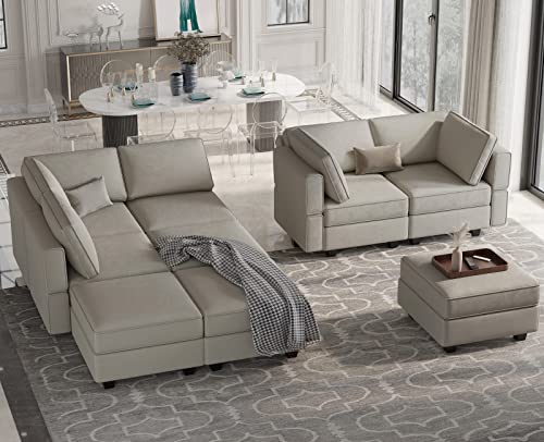 Belffin Modular Velvet Sectional Sofa with Chaise Lounge and Storage, Grey T418154