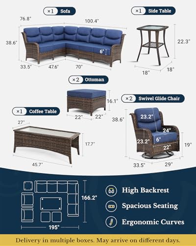 Luxury Patio Furniture Set 7PCS Wicker Conversation Set with Blue Cushions J5390