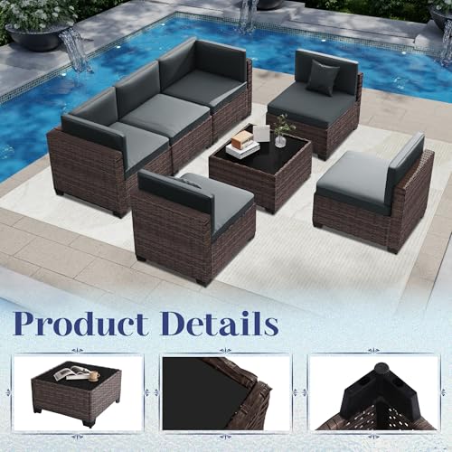 KIGOTY Patio Furniture Set 7 Pieces Outdoor Sectional Sofa with Cushions and Glass Coffee Table B60021