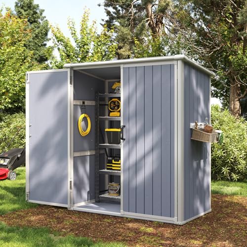 Aoxun 6 x 8 FT Outdoor Storage Shed with Window, Resin, Lockable Doors, Grey N693