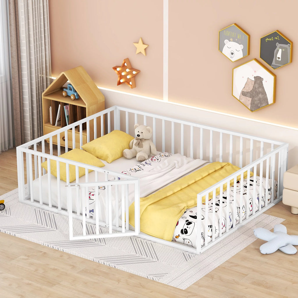 Bellemave Queen Floor Bed with Fence Rails and Lockable Door Queen Metal Floor Bed for Toddler, Child, Boys, Girls Metal Bed Frame Montessori Floor Bed Play Area for Kids, White