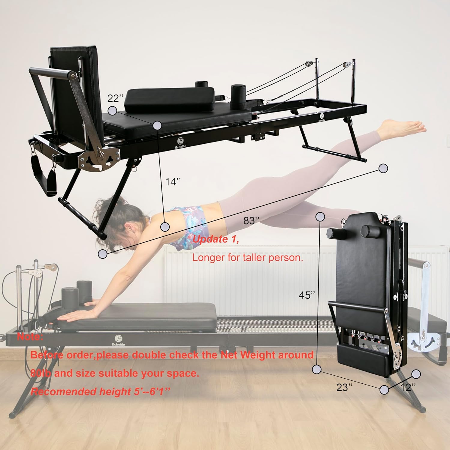 Foldable Pilates Reformer Machine for Home with Alloy Springs E24840