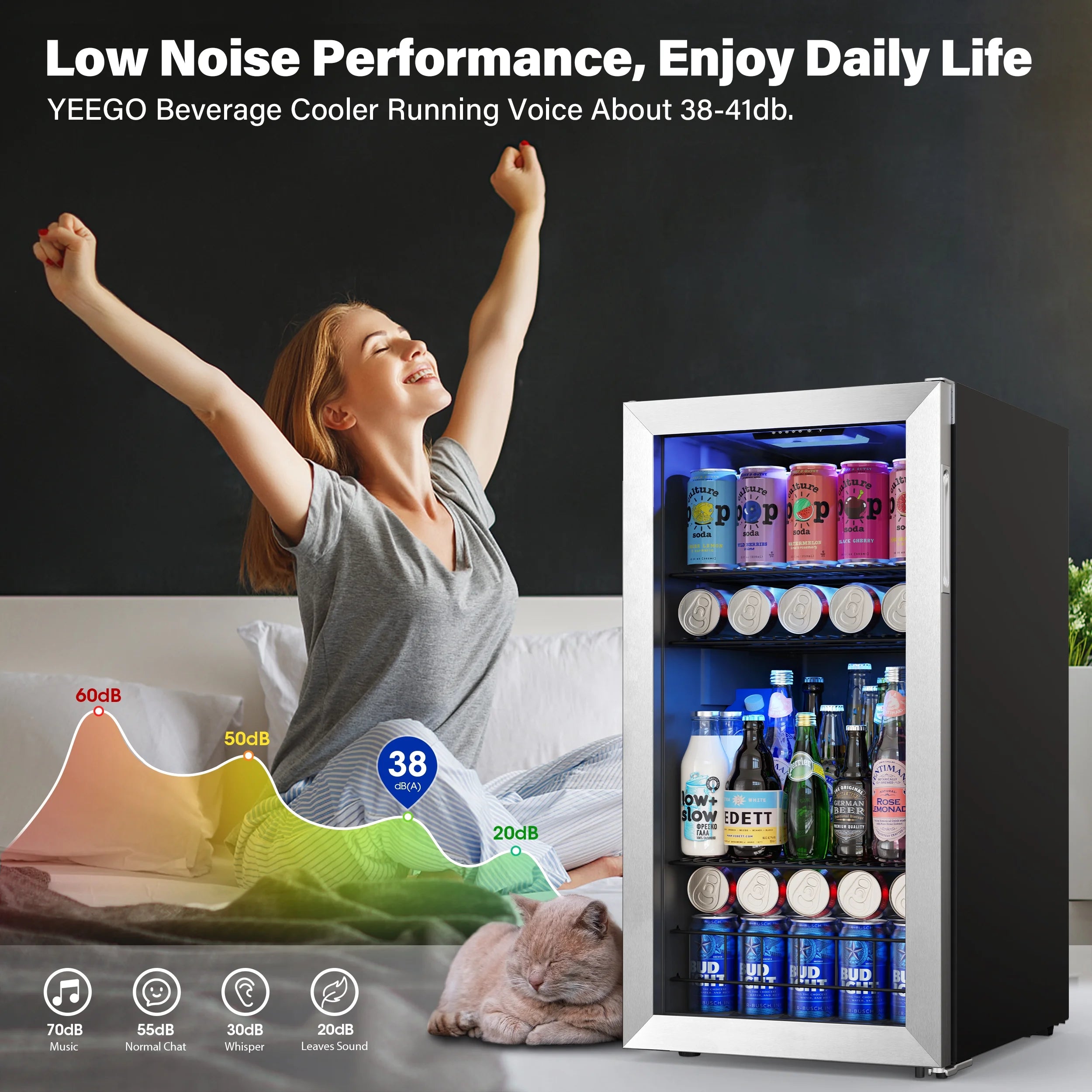 Yeego Beverage Refrigerator Cooler, Freestanding Mini Drink Fridge with Glass Door H135