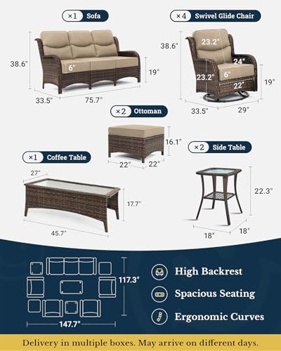 Luxury Patio Furniture Set 7PCS Wicker Conversation Set with Blue Cushions J5390