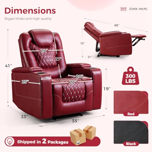 ANJ Power Recliner Chair with USB Ports and Cup Holders, PU Leather, Red R855581