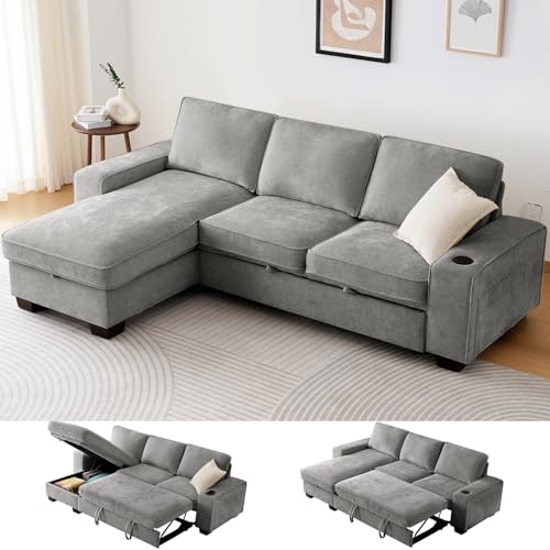 ASHOMELI 99" Convertible Sleeper Sofa Bed,L Shaped with Storage Chaise Pull Out Couch for Living Room,USB and Type-C,Removable Washable Chenille Covers (Gray)