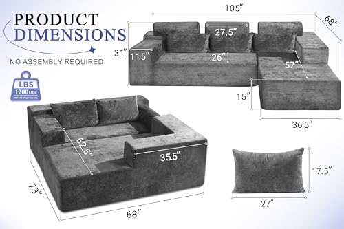 HABUTWAY 105" L-Shape Modular Sectional Sofa, Grey Velvet G848557