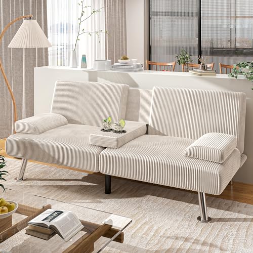 Shahoo Modern Linen Upholstered Convertible Futon Sofa Bed with Removable Armrests M32266