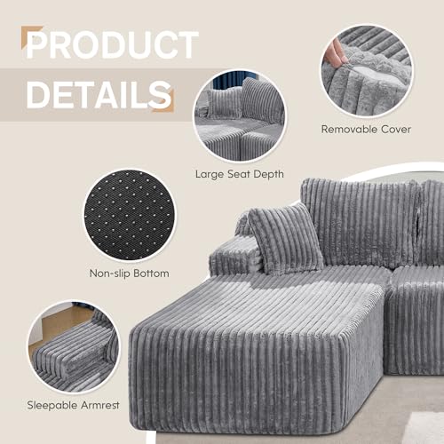 Modular Sectional Sofa L-Shape Couch with Oversized Chaise, Grey Stripe I49459