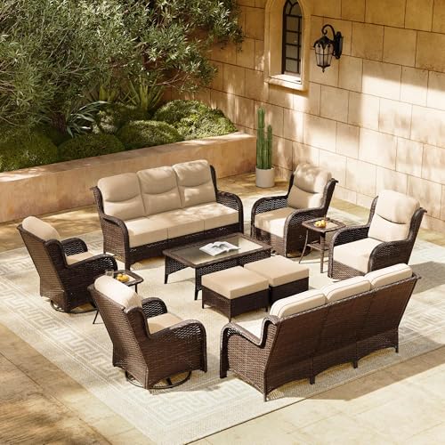 Luxury Patio Furniture Set 7PCS Wicker Conversation Set with Blue Cushions J5390