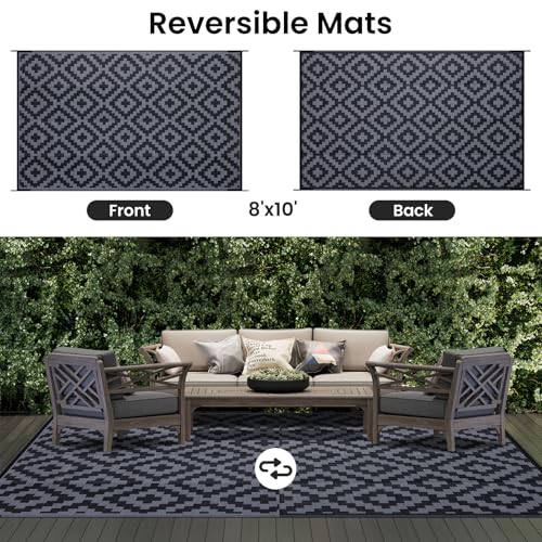 Smiry Waterproof Outdoor Rug 5x8 ft, Reversible Plastic Straw Patio Mat, Black & Beige P20186