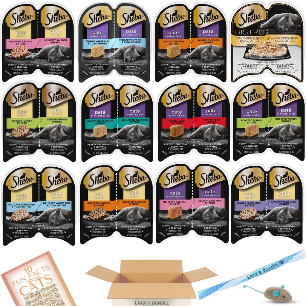 LarasBundle Sheba Cat Food Wet Variety Pack | includes Sheba Pate Cat Food and Sheba Cuts in Gravy Wet Cat Food | 24 Servings - 12 Packs of Sheba Perfect Portions bundled Booklet and toys