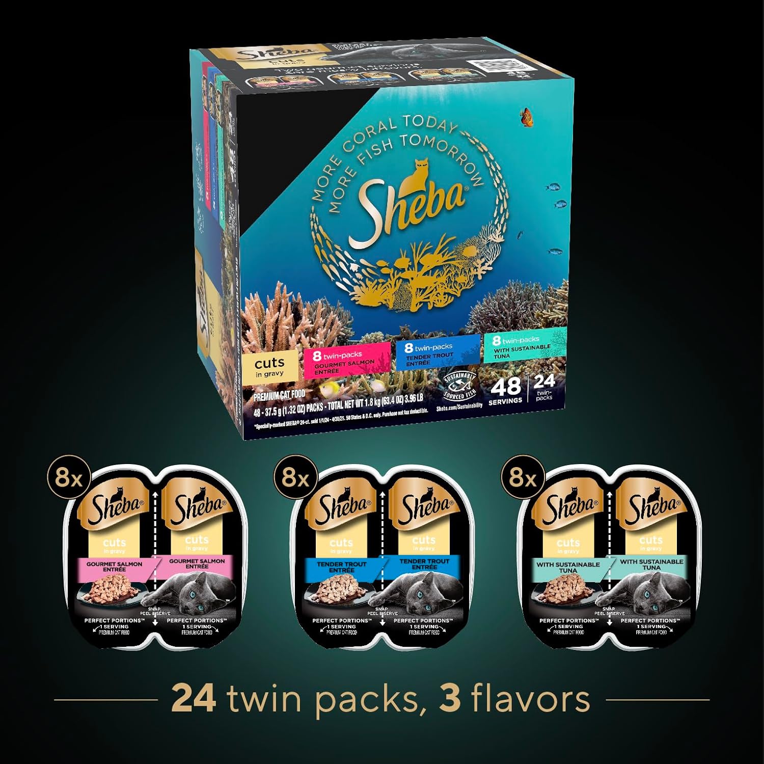 Sheba Perfect Portions Cuts in Gravy Wet Cat Food Trays, Salmon Trout & Tuna Variety Pack E407