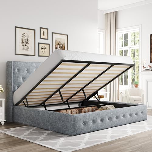 Allewie Full Size Lift Up Storage Bed with Wingback Headboard, Light Beige C85153