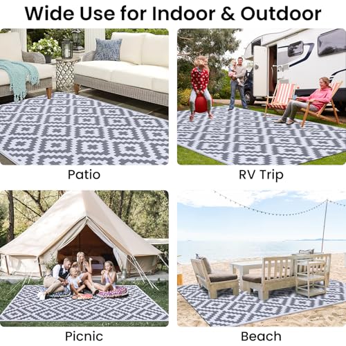 Smiry Waterproof Outdoor Rug 5x8 ft, Reversible Plastic Straw Patio Mat, Black & Beige P20186