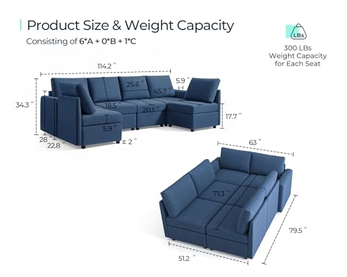 LINSY HOME Modular U Shaped Sectional Sofa with Storage, Blue M8981