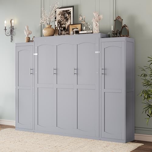 Polib Full Size Murphy Bed with Two Wardrobes and Storage Shelf, White S302797