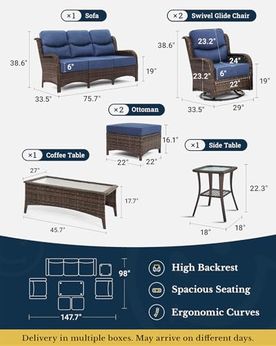 Luxury Patio Furniture Set 7PCS Wicker Conversation Set with Blue Cushions J5390