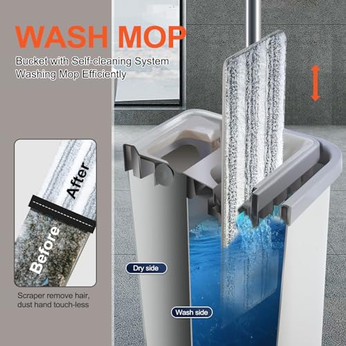 Mop and Bucket with Wringer Set, Flat Mop with 3 Microfiber Pads D53471