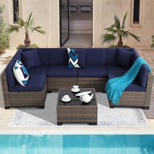 KIGOTY Patio Furniture Set 7 Pieces Outdoor Sectional Sofa with Cushions and Glass Coffee Table B60021