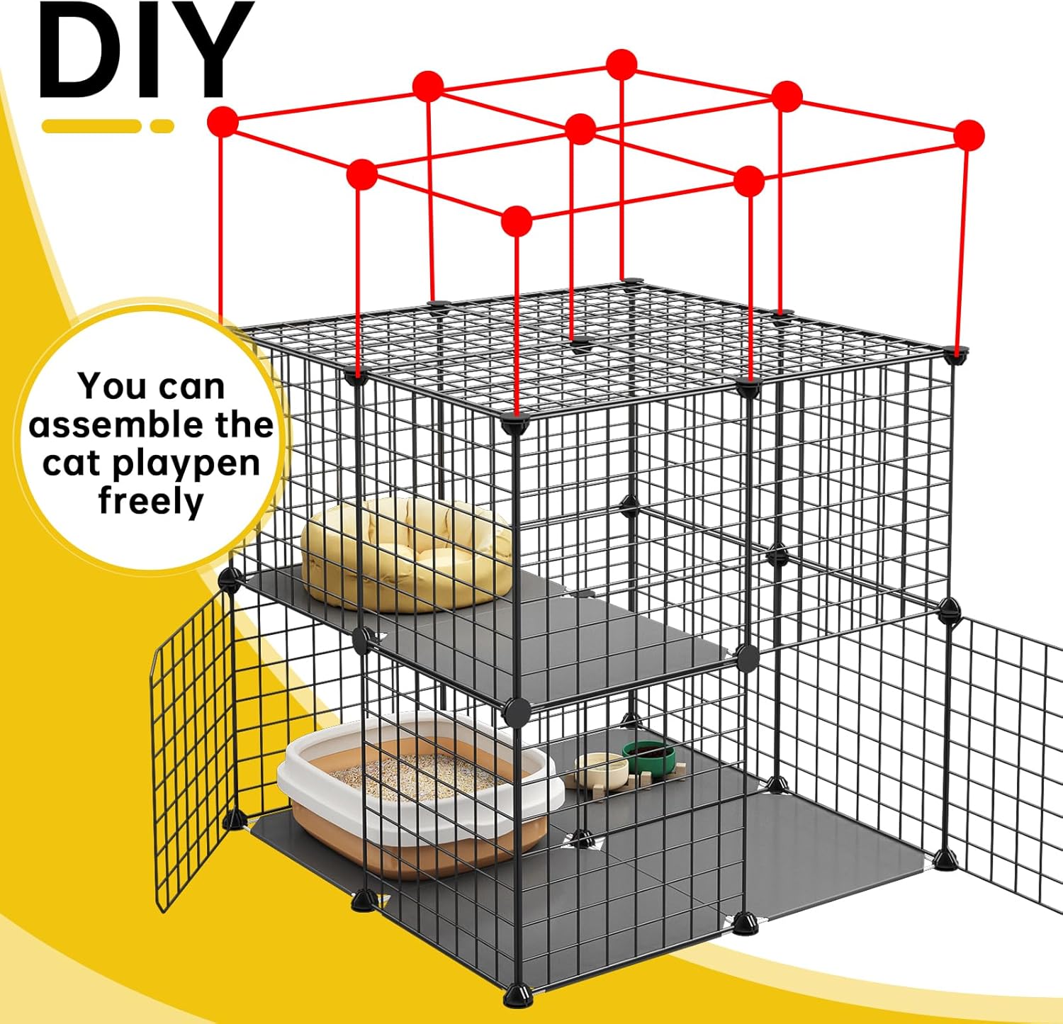 3-Tier Cat Cage Indoor Enclosure DIY Catio Detachable Metal Wire Kennel Black S82365