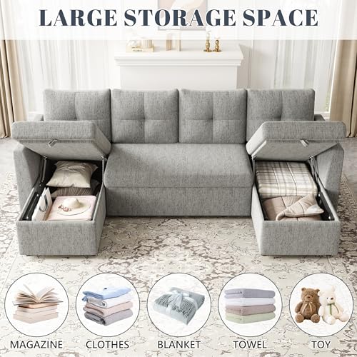 Oversized Sleeper Sofa Couch with Double Storage Chaise, Dark Grey U1381