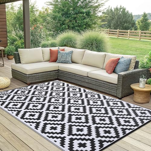 Smiry Waterproof Outdoor Rug 5x8 ft, Reversible Plastic Straw Patio Mat, Black & Beige P20186