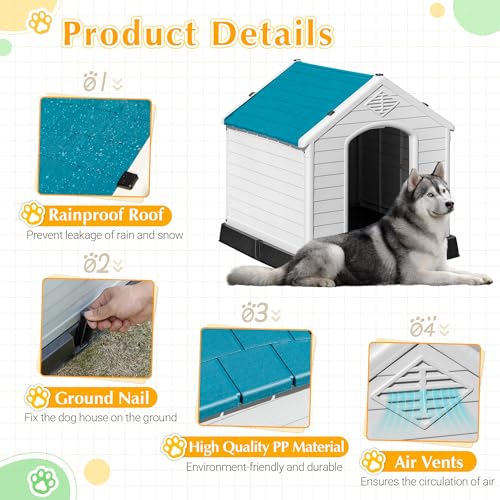 Waterproof Plastic Dog House for Small Medium Large Dogs, Insulated with Elevated Floor, Gray F264926