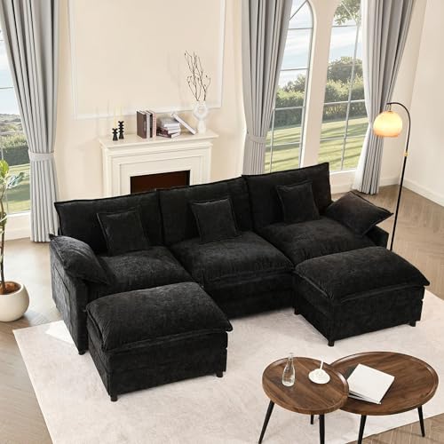 U Shaped Modular Sectional Sofa with Ottoman, Chenille, Black P2121